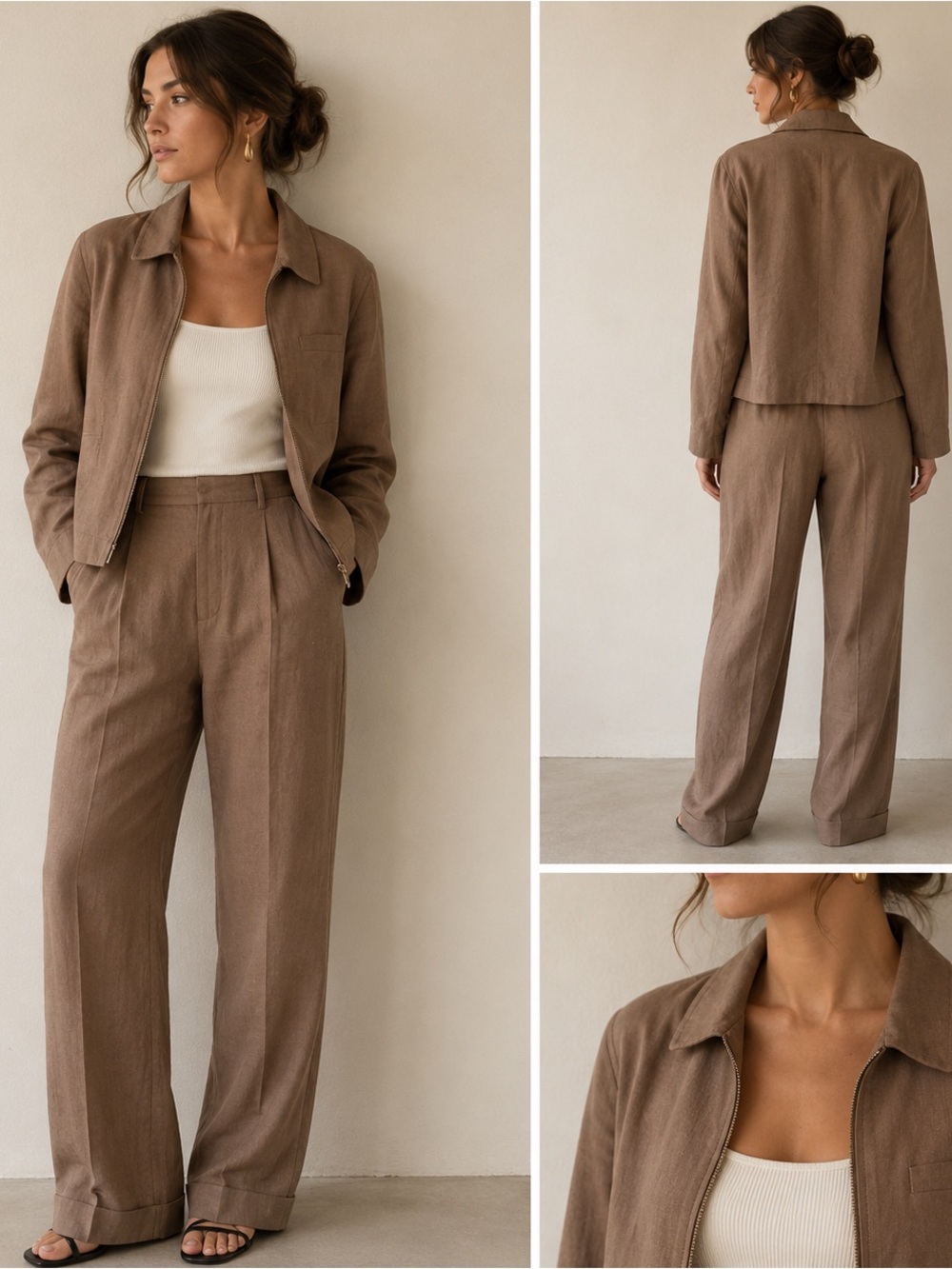 J.London Linen Suit Full Zip Blazer + Trousers Tan Pants Women's Sz‎ 12 Brown